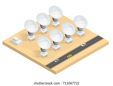 Isometric group of radio telescopes, satellite dish antennas transmission data broadcasting vector illustration isolated on white background