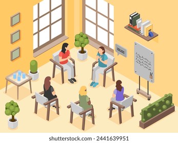 Isometric group therapy. Female support, psychology professional help center. Women talking about problems, girl club. Healthcare flawless vector scene