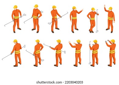 Isometric Group of workers in a foundry, melting furnace. Different postures of workers, Hot steel pouring in steel plant.