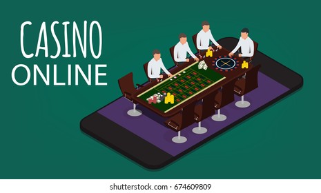 Isometric Group of young people behind roulette table playing casino games. Set of Casino flat design icons. Flat design banner jackpot pockie dice roulette games flat illustration -stock vector