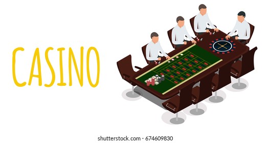 Isometric Group of young people behind roulette table playing casino games. Set of Casino flat design icons. Flat design banner jackpot pockie dice roulette games flat illustration -stock vector