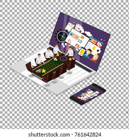 Isometric Group of young people behind roulette table playing casino games on transparent background. Set of Casino flat design icons. Flat design banner jackpot pockie dice roulette games flat illust