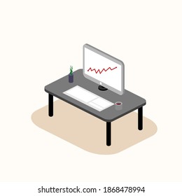 Isometric growing graph in computer on work desk vector graphic illustration