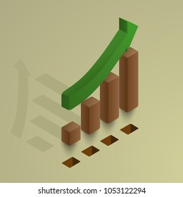Isometric growing up green arrow chart with shadow. Vector illustration