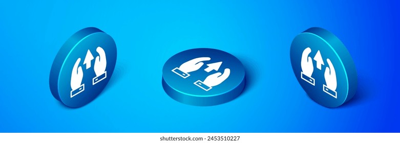 Gráfico de crecimiento isométrico y el progreso en la gente icono de la multitud aislado sobre fondo azul. Flecha de financiación hacia arriba. Empresario de éxito. Botón círculo azul. Vector