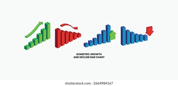 Isometric growth and decline bar chart vector set. Ideal for business analytics, financial reports, stock market trends, economic data, investment presentations, and infographic design elements