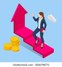 Isometric Growth Opportunity and Success Stair. Business woman standing on red arrow up go to success in career. Achievement, Character, Leader