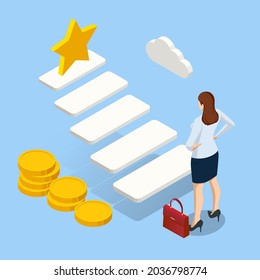 Isometric Growth Opportunity and Success Stair. Business woman standing on ladder up go to success in career. Achievement, Character, Leader