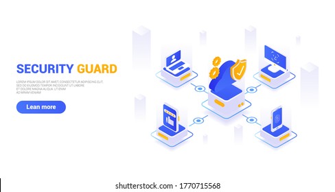 Isometric guard concept that protects your data on different devices using a variety of protection methods. Security guard. It can be used on web pages, web banners, websites, in presentations.