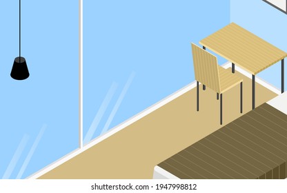 Isometric, guest house room with glass walls