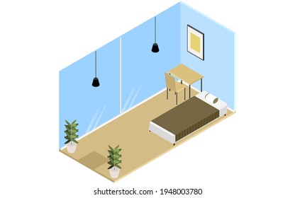 Isometric, guest house room with glass walls