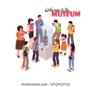 Isometric guide excursion background with ornate text and group of tourists taking photos of ancient exhibit vector illustration