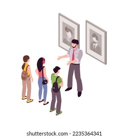 Isometric guide excursion composition with human characters specimen pieces and sightsmen vector illustration