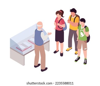 Isometric guide excursion composition with human characters specimen pieces and sightsmen vector illustration