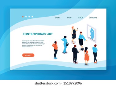 Isometric guide excursion concept banner web site landing page for gallery of contemporary art with links vector illustration