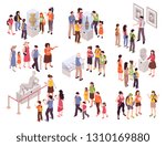 Isometric guide excursion set with isolated groups of human characters with museum specimen pieces and sightsmen vector illustration