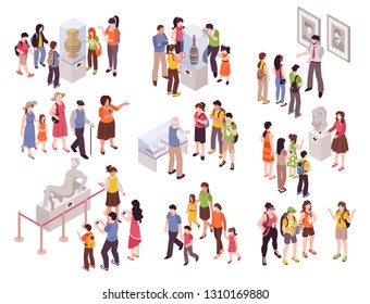 Isometric guide excursion set with isolated groups of human characters with museum specimen pieces and sightsmen vector illustration