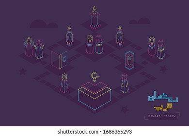 isometric guide map ramadan activity neon style