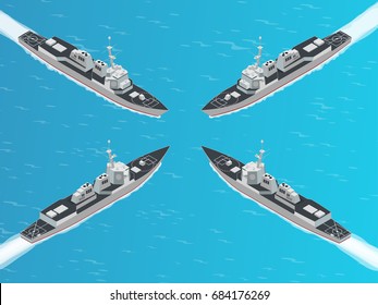 Isometric Guided Missile Destroyer. Vector Hight Quality Arleigh Burke-class Guided Missile Destroyer. Military Ship