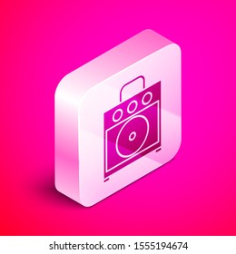 Isometric Guitar amplifier icon isolated on pink background. Musical instrument. Silver square button. Vector Illustration