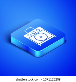 Isometric Guitar amplifier icon isolated on blue background. Musical instrument. Blue square button. Vector Illustration
