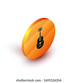 Isometric Guitar icon isolated on white background. Acoustic guitar. String musical instrument. Orange circle button. Vector Illustration