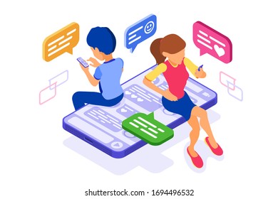 isometric guy and girl chat in social networks send messages photos selfie call using smartphone. Online dating friendship virtual relationships. teenagers are dependent new Internet technologies
