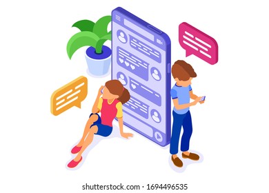 isometric guy and girl chat in social networks send messages photos videos call using smartphone. Online dating friendship virtual relationships. teenagers are dependent new Internet technologies