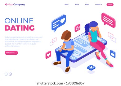 isometric guy and girl chat in social networks send messages photo selfie call using smartphone. Online dating love friendship virtual relationships. teenagers are dependent new Internet technologies