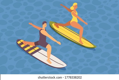 Isometric guy and girl doing sup yoga on surfboard. 3d concept illustration