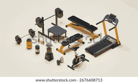 Isometric gym equipment collection with weights and machines barbell