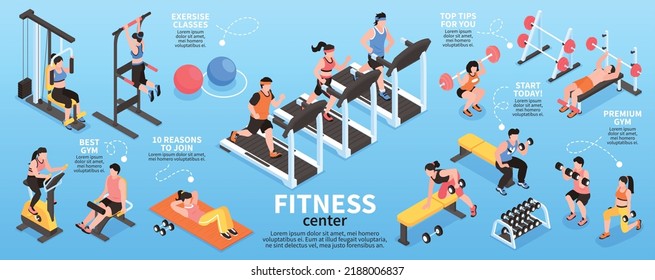Isometric gym fitness center infographics with people doing sport training indoors vector illustration - Shutterstock ID 2188006837