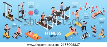 Isometric gym fitness center infographics with people doing sport training indoors vector illustration