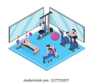 Isometric gym fitness center with people doing workout indoors vector illustration