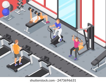 Isometric gym. Fitness center with people, training on training on sports simulators. Sport tools and equipment, workout room with clients, flawless vector scene