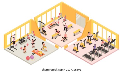 Isometric gym and fitness club concept with people training inside vector illustration