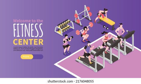 Isometric gym and fitness club horizontal banner with people running on treadmill vector illustration