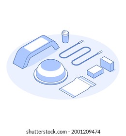 Isometric gym vector illustration cardio training equipment. Fitness tools for aerobics, pilates, stretching intensive workout for weightloss. Step platform, skipping rope, balancing hemisphere