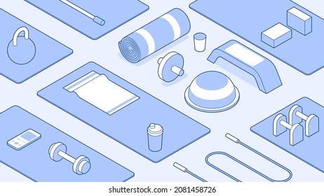 Equipamiento de entrenamiento cardiovascular para la ilustración vectorial de gimnasia isométrica. Herramientas de fitness para aeróbic, pilates, estiramiento intensivo para la pérdida de peso. Plataforma escalonada, cuerda saltada, hemisferio de equilibrio