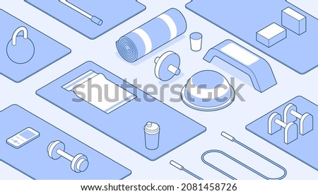 Isometric gym vector illustration cardio training equipment. Fitness tools for aerobics, pilates, stretching intensive workout for weightloss. Step platform, skipping rope, balancing hemisphere
