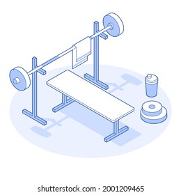 Isometric Gym Vector Illustration. Heavy Barbell And Bench Equipment For Weightlifting Or Bodybuilding Training. Fitness Metallic Tools With Water Bottle Protein Shaker And Towel. Physical Activity