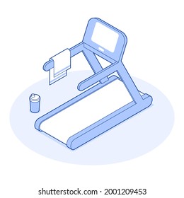 Isometric Gym Vector Illustration Modern Treadmill Electronic Device. Electrical Equipment For Cardio Training At Gymnasium Or Home. Tool For Weightloss, Jogging, Running With Towel And Water Bottle