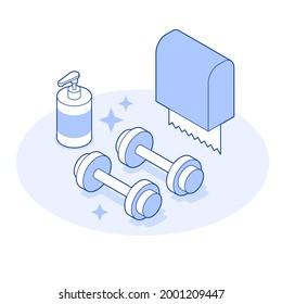Isometric gym vector illustration sterile hygiene healthcare concept. Fitness dumbbells with paper napkin towels and antiseptic for sterile antibacterial clean up. Coronavirus prevention safety