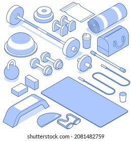 Isometric gym vector objects set. Fitness sport equipment collection. Bodybuilding tools barbell, bench, gymnastic mat, dumbbell for physical activity. Healthy lifestyle, weight loss