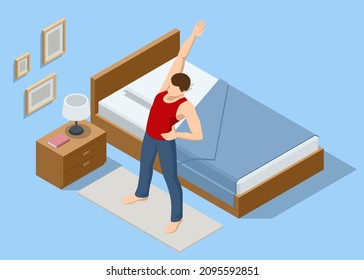 Isometric gymnastics, morning concept. Morning fitness exercising, Morning exercise for health. The man is engaged in fitness. Healthy man exercising at home