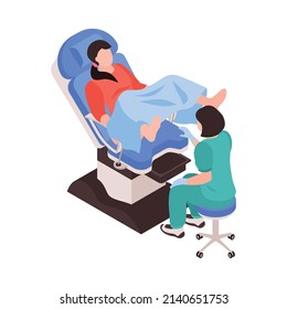 Isometric gynecology obstetrics composition with character of female doctor performing pelvic examination of pregnant woman vector illustration