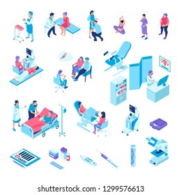 Isometric gynecology pregnancy set with isolated images of medical facilities examination chair medication and human characters vector illustration