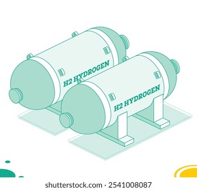 Tanques isométricos de armazenamento de hidrogênio h2. Ilustração vetorial. Contornar objetos isolados no plano de fundo branco.