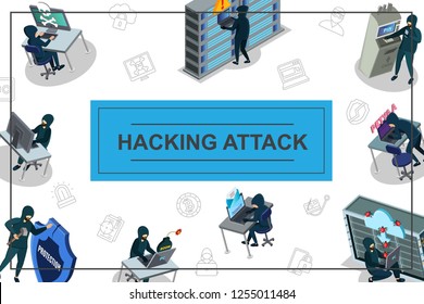 Isometric hacker activity concept with hacking of computer mail servers datacenter atm and internet security icons, vector illustration