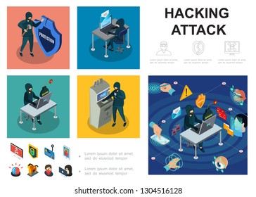 Isometric Hacker Activity Infographic Template With Computer Servers Atm Hacking Cyber Thief Online Money Steal Biometric Authorization Security Vector Illustration